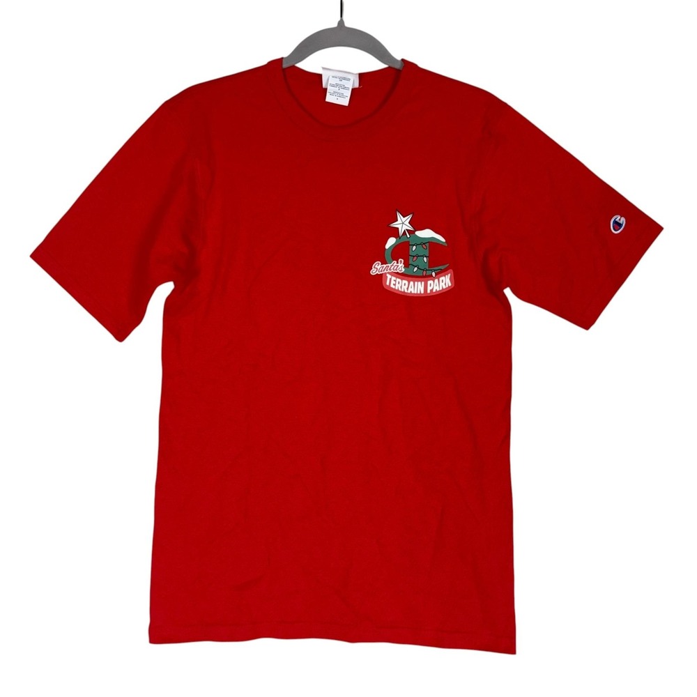 Champion Shirt Mens Small Red Santa Snowboard Terrain Park Graphic Tee Holiday